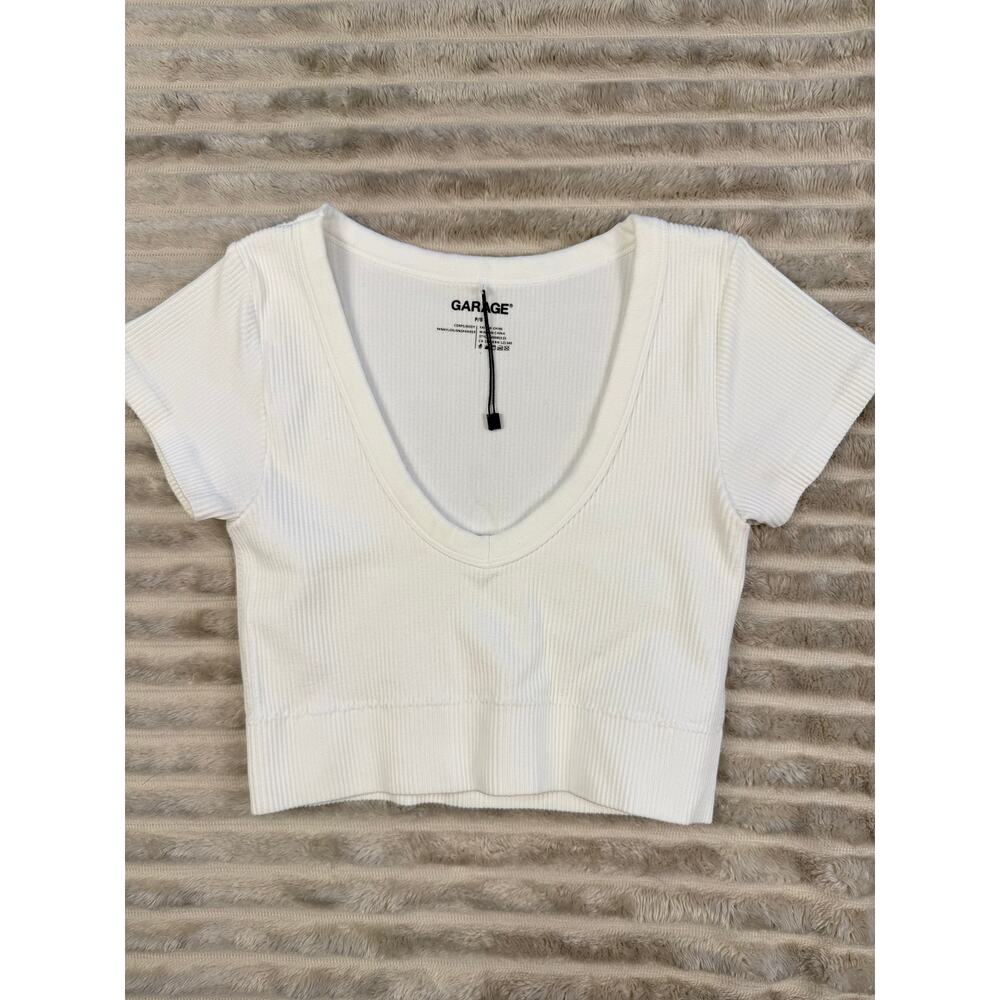 Garage White Crop Top Ribbed Stretch Short Sleeve Size Petite Small